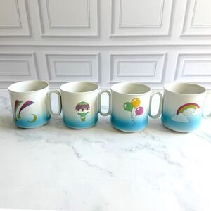 VTG Otagiri RARE Set of 4 Whimsical Mugs Hot‎ Air Balloon Shooting Star Rainbow